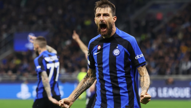 MILAN, ITALY - MAY 16: Francesco Acerbi of FC Internazionale reacts during the UEFA Champions League semi-final second leg match between FC Internazionale and AC Milan at Stadio Giuseppe Meazza on May 16, 2023 in Milan, Italy. (Photo by Alexander Hassenstein/Getty Images)