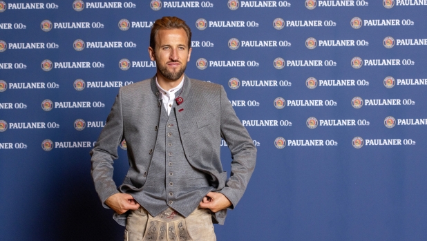 MUNICH, GERMANY - AUGUST 28: Harry Kane of Bayern Muenchen poses for a photo during a photo shoot for Paulaner on August 28, 2023 in Munich, Germany. (Photo by Alexandra Beier/Getty Images for Paulaner