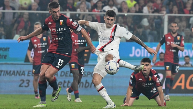 GENOA, ITALY - OCTOBER 07:  Christian Pulisic of AC Milan scores a goal during the Serie A TIM match between Genoa CFC and AC Milan at Stadio Luigi Ferraris on October 07, 2023 in Genoa, Italy. (Photo by Claudio Villa/AC Milan via Getty Images)