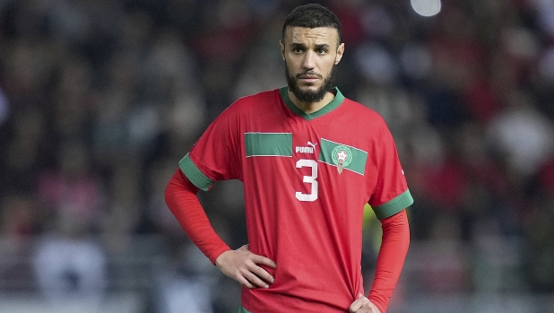 TANGIER, MOROCCO - MARCH 25: Noussair Mazraoui of Morocco looks on during the international friendly match between Morocco and Brazil at Grand Stade de Tanger  on March 25, 2023 in Tangier, Morocco. (Photo by Alex Caparros/Getty Images)