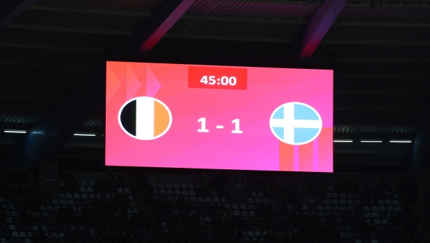 BRUSSELS, BELGIUM - OCTOBER 16: The LED screen inside the stadium displays the score at half time as the the UEFA EURO 2024 European qualifier match between Belgium and Sweden is abended at King Baudouin Stadium on October 16, 2023 in Brussels, Belgium. (Photo by Getty Images/Getty Images)