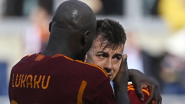 Roma's Romelu Lukaku (L) embraces his teammate Stephan El Shaarawy during the Serie A soccer match between AS Roma and AC Monza at the Olimpico stadium in Rome, Italy, 22 October 2023. El Shaarawy's goal scored at 90' gives the three points to the team of Mourinho and for "The Pharaoh" the value is double because he shakes off the accusations of the last days in the case of betting. First his lawyers, then the club and yesterday also Mourinho defended him privately and publicly, giving confidence to the footballer who today is not investigated by the Turin prosecutors office or the federal. This is why the threefold whistle hug with Lukalu and crying, with tears liberating after a week lived between leaks of news and accusations.   ANSA/RICCARDO ANTIMIANI