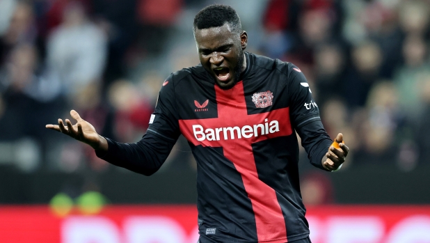 LEVERKUSEN, GERMANY - OCTOBER 26: Victor Boniface of Bayer Leverkusen reacts during the UEFA Europa League 2023/24 match between Bayer 04 Leverkusen and Qarabag FK at BayArena on October 26, 2023 in Leverkusen, Germany. (Photo by Christof Koepsel/Getty Images)