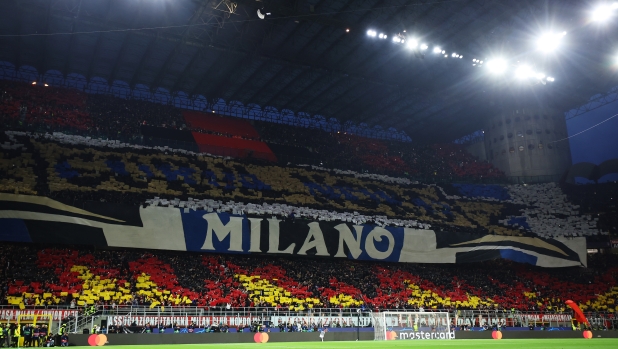 MILAN, ITALY - MAY 10: A general view of the inside of the stadium as fans of FC Internazionale form a TIFO, which reads "Curva Nord", prior to the UEFA Champions League semi-final first leg match between AC Milan and FC Internazionale at San Siro on May 10, 2023 in Milan, Italy. (Photo by Alex Grimm/Getty Images)