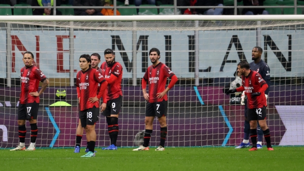 Milans player react during the Italian serie A soccer match between AC Milan and Udinese at Giuseppe Meazza stadium in Milan, 4 November  2023. ANSA / MATTEO BAZZI