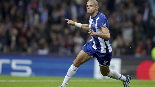 Porto's Pepe celebrates scoring his side's second goal during a Champions League group H soccer match between Porto and Antwerp at Estadio do Dragao in Porto, Portugal, Tuesday, Nov. 7, 2023. (AP Photo/Miguel Pereira)