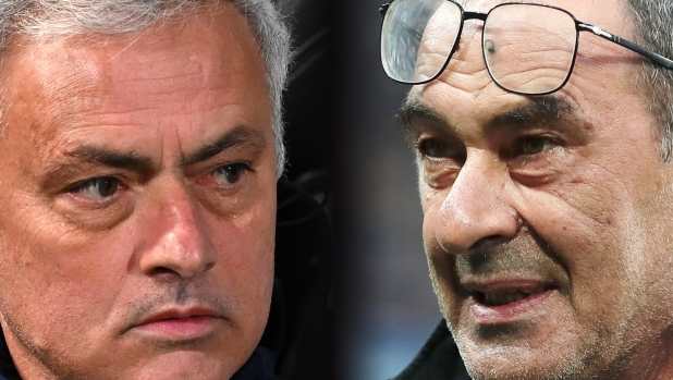 FILE PHOTO (EDITORS NOTE: COMPOSITE OF IMAGES - Image numbers 1370333322, 1435932174 - GRADIENT ADDED) In this composite image a comparison has been made between Josè Mourinho head coach of AS Roma (L) and SS Lazio head coach Maurizio Sarri. AS Roma and SS Lazio meet in the Rome Derby or Derby della Capitale at the Stadio Olimpico on November 6,2022 in Rome, Italy.  ***LEFT IMAGE*** REGGIO NELL'EMILIA, ITALY - FEBRUARY 13: Josè Mourinho head coach of AS Roma looks on during the Serie A match between US Sassuolo and AS Roma at Mapei Stadium - Citta' del Tricolore on February 13, 2022 in Reggio nell'Emilia, Italy. (Photo by Alessandro Sabattini/Getty Images) ***RIGHT IMAGE*** BERGAMO, ITALY - OCTOBER 23: SS Lazio head coach Maurizio Sarri looks on during the Serie A match between Atalanta BC and SS Lazio at Gewiss Stadium on October 23, 2022 in Bergamo, Italy. (Photo by Emilio Andreoli/Getty Images)