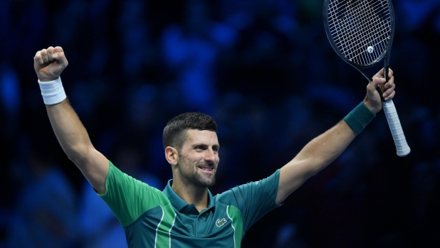 Novak Djokovic of Serbia in action during the Nitto ATP Finals 2023 tennis tournament at the Pala Alpitour arena in Turin, Italy, 12 November 2023. ANSA/ALESSANDRO DI MARCO