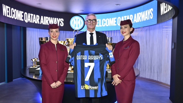 MILAN, ITALY - NOVEMBER 12: FC Internazionale Unveil New Partner Qatar Airways on November 12, 2023 in Milan, Italy. (Photo by Diego Puletto - Inter via Getty Images)