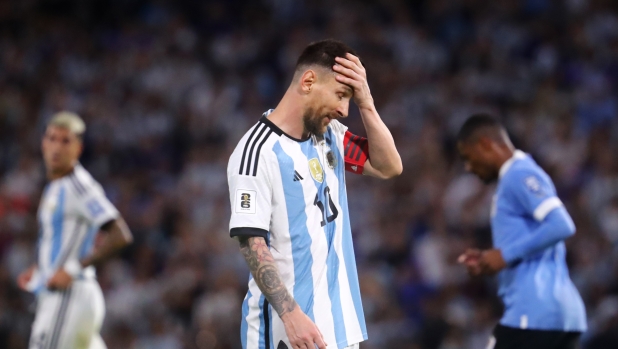 BUENOS AIRES, ARGENTINA - NOVEMBER 16: Lionel Messi of Argentina reacts during a FIFA World Cup 2026 Qualifier match between Argentina and Uruguay at Estadio Alberto J. Armando on November 16, 2023 in Buenos Aires, Argentina. (Photo by Marcos Brindicci/Getty Images)
