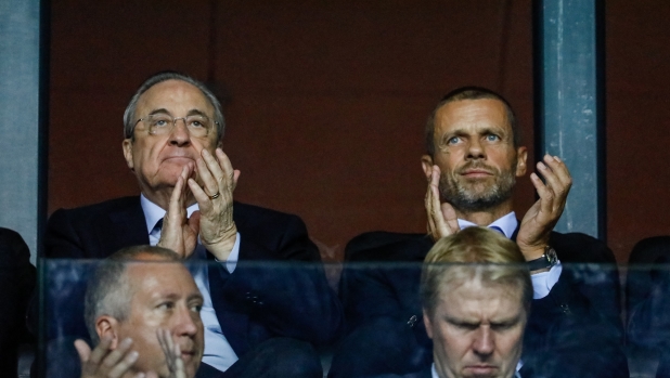 Real Madrid President Florentino Perez (L) and UEFA President Aleksander Ceferin during the UEFA Super Cup match between Real Madrid and Atletico Madrid on August 15, 2018 at Lillekula Stadium in Tallinn, Estonia. (Photo by Mike Kireev/NurPhoto) (Photo by Mike Kireev / NurPhoto / NurPhoto via AFP)