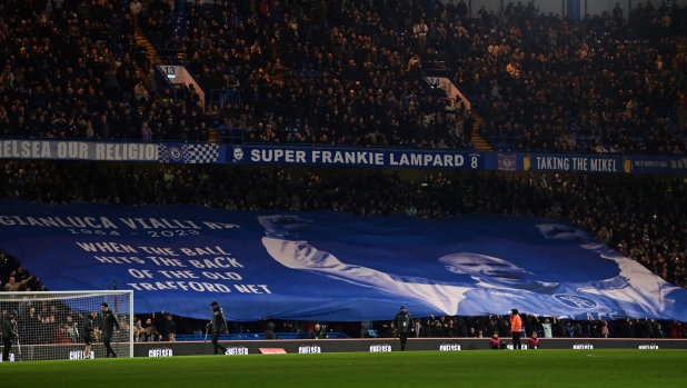 Chelsea's supporters wave a giant banner in tribute of late Italian player Gianluca Vialli during the English FA Cup third round football match between Chelsea and Preston North End at Stamford Bridge in London on January 6, 2024. (Photo by Glyn KIRK / AFP) / RESTRICTED TO EDITORIAL USE. No use with unauthorized audio, video, data, fixture lists, club/league logos or 'live' services. Online in-match use limited to 120 images. An additional 40 images may be used in extra time. No video emulation. Social media in-match use limited to 120 images. An additional 40 images may be used in extra time. No use in betting publications, games or single club/league/player publications. /