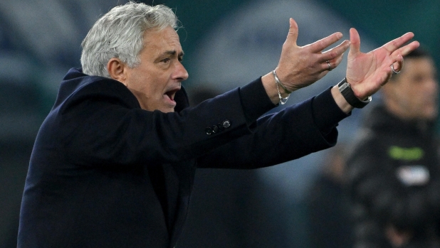 AS Roma's head coach Jose' Mourinho reacts during the Italian Cup quarter final soccer match between SS Lazio and AS Roma at the Olimpico stadium in Rome, Italy, 10 January 2024.  ANSA/ETTORE FERRARI