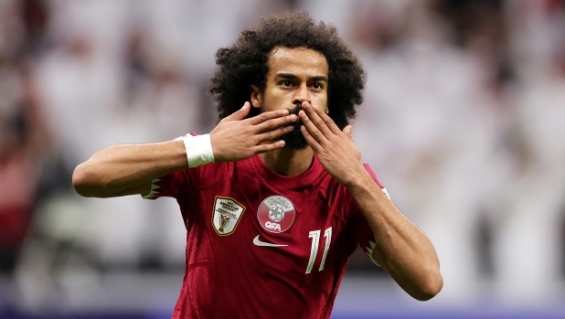 AL KHOR, QATAR - JANUARY 17: Akram Afif of Qatar celebrates scoring his team's first goal during the AFC Asian Cup Group A match between Tajikistan and Qatar at Al Bayt Stadium on January 17, 2024 in Al Khor, Qatar. (Photo by Robert Cianflone/Getty Images)