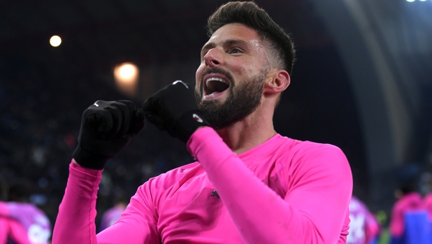 UDINE, ITALY - JANUARY 20: Olivier Giroud of AC Milan celebrates after the team's victory during the Serie A TIM match between Udinese Calcio and AC Milan at Dacia Arena on January 20, 2024 in Udine, Italy. (Photo by Alessandro Sabattini/Getty Images)