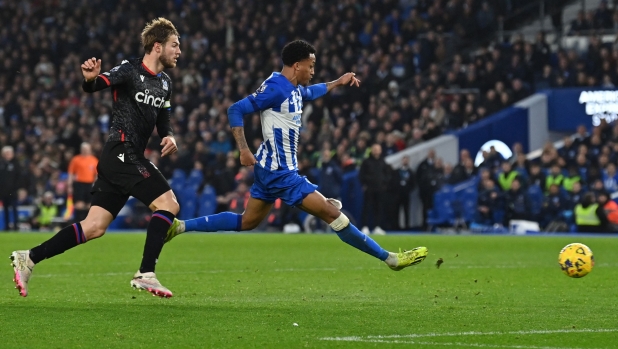 Brighton's Brazilian striker #09 Joao Pedro celebrates his team's fourth goal during the English Premier League football match between Brighton and Hove Albion and Crystal Palace at the American Express Community Stadium in Brighton, southern England on February 3, 2024. (Photo by Glyn KIRK / AFP) / RESTRICTED TO EDITORIAL USE. No use with unauthorized audio, video, data, fixture lists, club/league logos or 'live' services. Online in-match use limited to 120 images. An additional 40 images may be used in extra time. No video emulation. Social media in-match use limited to 120 images. An additional 40 images may be used in extra time. No use in betting publications, games or single club/league/player publications. /