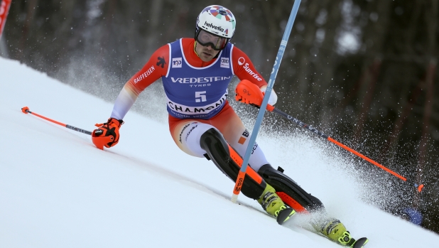 Switzerland's Daniel Yule competes in the first run of an alpine ski, men's World Cup slalom race, in Chamonix, France, Sunday, Feb. 4. 2024. (AP Photo/Marco Trovati)