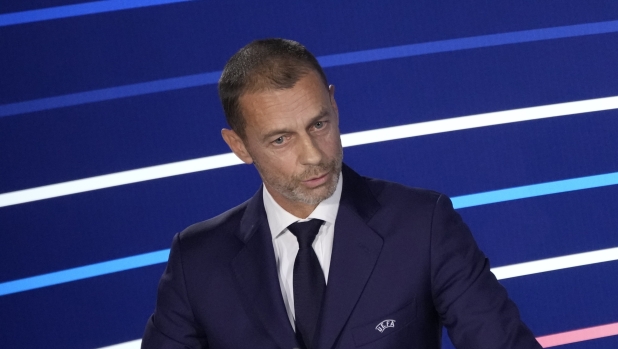 UEFA President Aleksander Ceferin delivers his speech during the 48th UEFA congress Thursday, Feb. 8, 2024 in Paris. (AP Photo/Christophe Ena)