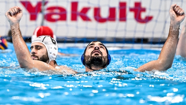Francesco Di Fulvio of Italy celebrates after the water polo men match between team Greece (white caps) and team Italy (blue caps) of the 21st World Aquatics Championships at the Aspire Dome in Doha (Qatar), February 13, 2024.