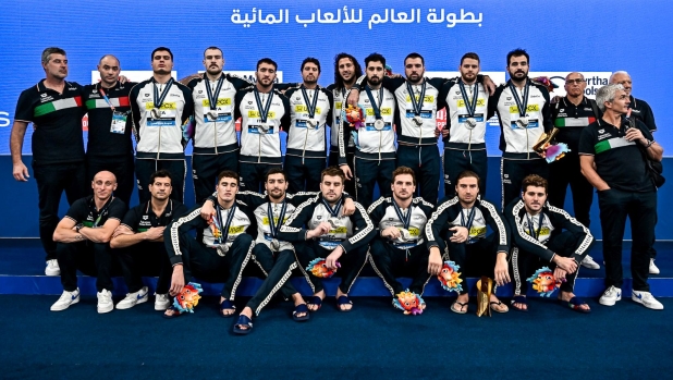 Athletes of team Italy with the silver medal after competing in the water polo men gold match between team Italy (white caps) and team Croatia (blue caps) during the 21st World Aquatics Championships at the Aspire Dome in Doha (Qatar), February 17, 2024.