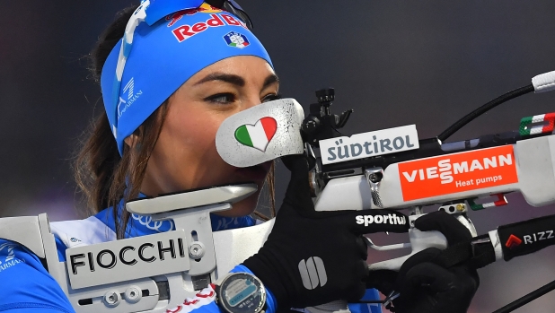 Italy's Dorothea Wierer warms up at the shooting range prior to the women's 7,5km sprint event of the IBU Biathlon World Championships in Nove Mesto, Czech Republic on February 9, 2024. (Photo by Michal Cizek / AFP)