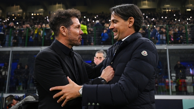 MILAN, ITALY - FEBRUARY 20: Head Coach Diego Simeone of Atletico Madrid and Head Coach Simone Inzaghi of FC Internazionale are seen before the UEFA Champions League 2023/24 round of 16 first leg match between FC Internazionale and Atletico Madrid at Stadio Giuseppe Meazza on February 20, 2024 in Milan, Italy. (Photo by Mattia Ozbot - Inter/Inter via Getty Images)