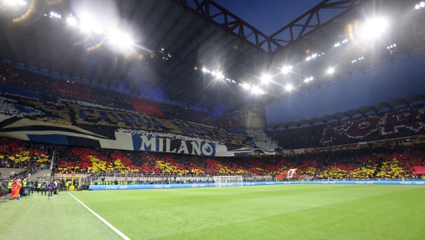 F Inters supporters display a banner during the UEFA Champions League semi final 1st leg  match between Ac Milan and Inter at Giuseppe Meazza stadium in Milan, 10 May 2023. ANSA / MATTEO BAZZI