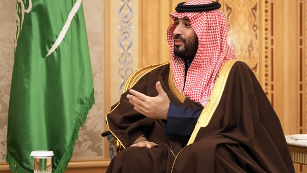 Saudi Arabia's Crown Prince Mohammed bin Salman meets with US Secretary of State Antony Blinken in Riyadh, Saudi Arabia, Monday, Feb. 5, 2024. (AP Photo/Mark Schiefelbein, Pool)