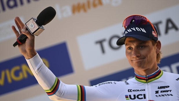 Mathieu van der Poel during Team Presentation at the men's elite race of the Milano - Sanremo one day cycling race (288km) from Pavia to Sanremo - North West Italy - Friday, March 15, 2024. Sport - cycling . (Photo by Fabio Ferrari / LaPresse)
