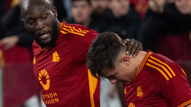 Roma's Paulo Dybala jubilates with teammate Romelo Lukaku after scoring the 3-1 gol during the Serie A soccer match between AS Roma and Torino FC at Olimpico stadium in Rome,Italy, 26 February 2024..   ANSA/MAURIZIO BRAMBATTI
