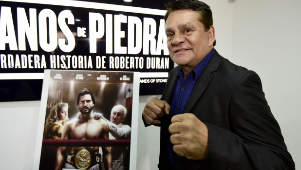 Former professional boxer Roberto Duran -aka "Manos de Piedra" (Stone Hands)- poses during an interview with AFP in Mexico City on October 18, 2016. - Duran is in Mexico to promote a biographical movie. (Photo by ALFREDO ESTRELLA / AFP)