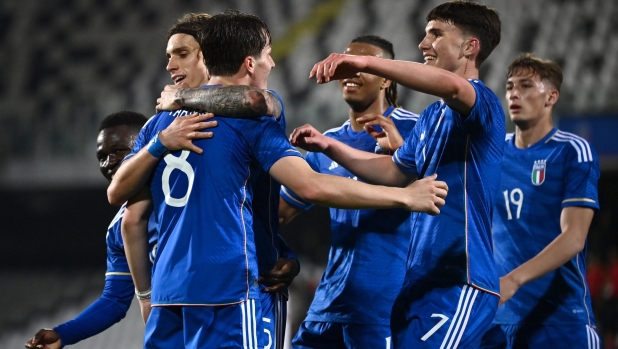Italy's Giovanni Fabbian celebrates after scoring the 2-0 goal for his team during the European Under 21 Championship 2025 Qualifying round match between Italy and Latvia at Dino Manuzzi Stadium - Sport, Soccer - Cesena, Italy - Friday March 22, 2024 (Photo by Massimo Paolone/LaPresse)