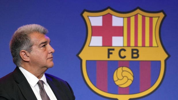 epa11219789 FC Barcelona's president Joan Laporta attends during a press conference in Barcelona, Spain, 14 March 2024. FC Barcelona's vice-president Romeu announced that he is resigning from his position to start 'a new business project' that has 'a lot of complexity.'  EPA/Alejandro Garcia