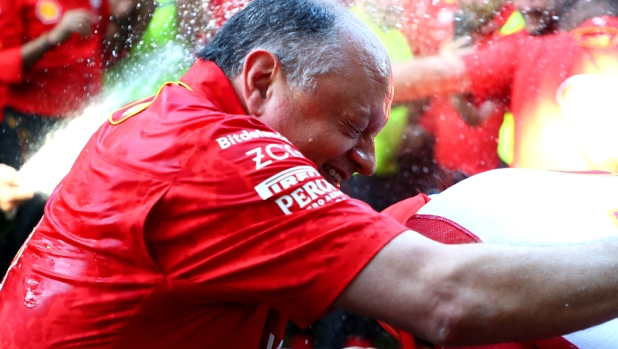 MELBOURNE, AUSTRALIA - MARCH 24: Ferrari Team Principal Frederic Vasseur celebrates with his team after the F1 Grand Prix of Australia at Albert Park Circuit on March 24, 2024 in Melbourne, Australia. (Photo by Peter Fox/Getty Images)