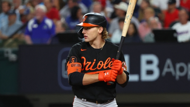 ARLINGTON, TEXAS - OCTOBER 10: Gunnar Henderson #2 of the Baltimore Orioles bats against the Texas Rangers during the fifth inning in Game Three of the Division Series at Globe Life Field on October 10, 2023 in Arlington, Texas.   Richard Rodriguez/Getty Images/AFP (Photo by Richard Rodriguez / GETTY IMAGES NORTH AMERICA / Getty Images via AFP)