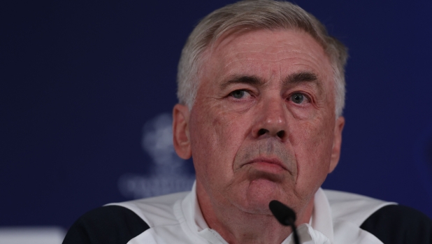 Real Madrid's Italian coach Carlo Ancelotti gives a press conference on the eve of their UEFA Champions League quarter final first leg football match against Manchester City at the Real Madrid Sport City in Valdebebas, on the outskirts of Madrid on April 8, 2024. (Photo by PIERRE-PHILIPPE MARCOU / AFP)