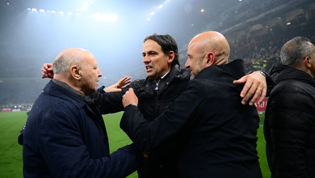 MILAN, ITALY - APRIL 22: (L-R) Giuseppe Marotta, Filippo Inzaghi and Piero Ausilio of FC Internazionale celebrate winning the 2024 Scudetto championship title, after the Serie A TIM match between AC Milan and FC Internazionale at Stadio Giuseppe Meazza on April 22, 2024 in Milan, Italy. (Photo by Mattia Pistoia - Inter/Inter via Getty Images)