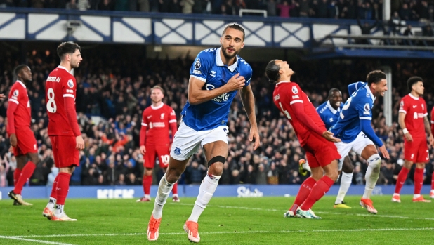LIVERPOOL, ENGLAND - APRIL 24: Dominic Calvert-Lewin of Everton celebrates scoring his team's second goal during the Premier League match between Everton FC and Liverpool FC at Goodison Park on April 24, 2024 in Liverpool, England. (Photo by Michael Regan/Getty Images)