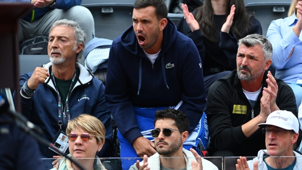 ROME, ITALY - MAY 16: Marco Panichi, fitness trainer of Novak Djokovic (L) and Goran Ivanisevic, coach Novak Djokovic (R) look on from the player's box as Novak Djokovic of Serbia plays against Cameron Norrie of Great Britain during the fourth round match during day nine of Internazionali BNL D'Italia 2023 at Foro Italico on May 16, 2023 in Rome, Italy. (Photo by Justin Setterfield/Getty Images)