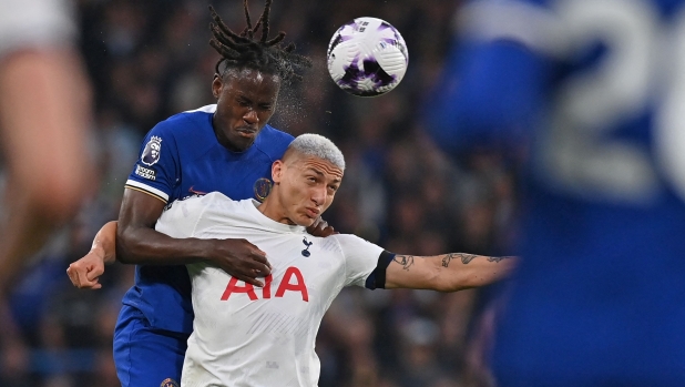 Chelsea's English defender #14 Trevoh Chalobah (L) vies with Tottenham Hotspur's Brazilian striker #09 Richarlison (R) during the English Premier League football match between Chelsea and Tottenham Hotspur at Stamford Bridge in London on May 2, 2024. (Photo by Glyn KIRK / AFP) / RESTRICTED TO EDITORIAL USE. No use with unauthorized audio, video, data, fixture lists, club/league logos or 'live' services. Online in-match use limited to 120 images. An additional 40 images may be used in extra time. No video emulation. Social media in-match use limited to 120 images. An additional 40 images may be used in extra time. No use in betting publications, games or single club/league/player publications. /