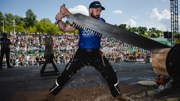 Alessandro Ciaponi of Italy performs during the STIHL TIMBERSPORTS® European Trophy 2023 in Poznan, Poland on July 30, 2023.