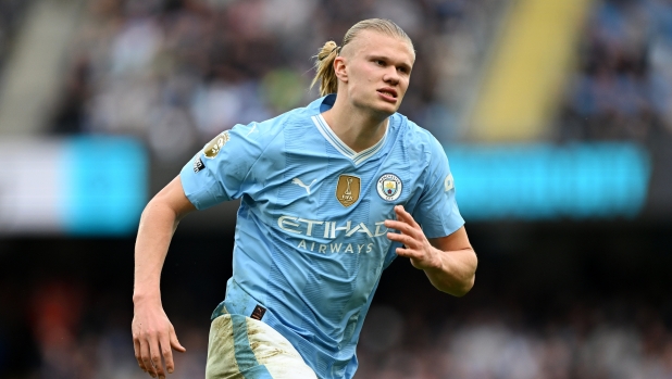 MANCHESTER, ENGLAND - MAY 04: Erling Haaland of Manchester City looks on during the Premier League match between Manchester City and Wolverhampton Wanderers at Etihad Stadium on May 04, 2024 in Manchester, England. (Photo by Michael Regan/Getty Images)