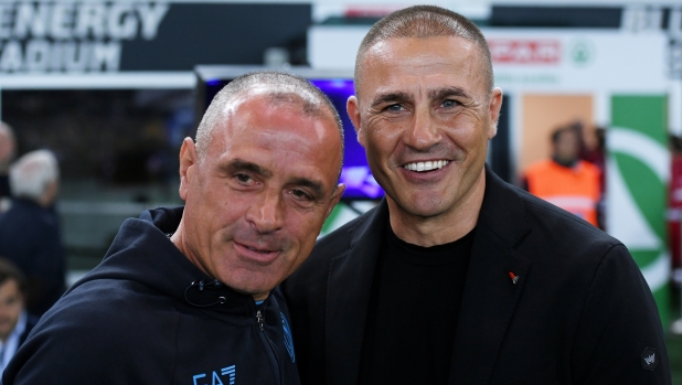 UDINE, ITALY - MAY 06: Francesco Calzona, Head Coach of SSC Napoli, and Fabio Cannavaro, Head Coach of Udinese Calcio, pose for a photo prior to the Serie A TIM match between Udinese Calcio and SSC Napoli at Dacia Arena on May 06, 2024 in Udine, Italy. (Photo by Alessandro Sabattini/Getty Images)