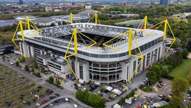 This aerial view taken on April 23, 2024 shows the Signal Iduna Park in Dortmund, western Germany. The UEFA EURO 2024 will take place from June 14 to July 14 in ten stadiums in Germany including the Signal Iduna Park in Dortmund. (Photo by Ina FASSBENDER / AFP)