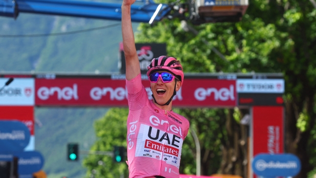 Team UAE's Slovenian rider Tadej Pogacar wearing the overall leader's pink jersey celebrates as he crosses the finish line to win the 20th stage of the 107th Giro d'Italia cycling race, 184km between Alpago and Bassano del Grappa on May 25, 2024. (Photo by Luca Bettini / AFP)