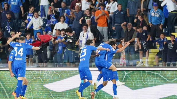 Empoli’s Matteo Cancellieri celebrates after scoring the goal of 1-0 during the Serie A soccer match between Empoli and Roma at the “Carlo Castellani - Computer Gross Arena” Stadium in Empoli (FI), center of Italy - Sunday, May 26, 2024. Sport - Soccer (Photo by Marco Bucco/La Presse)