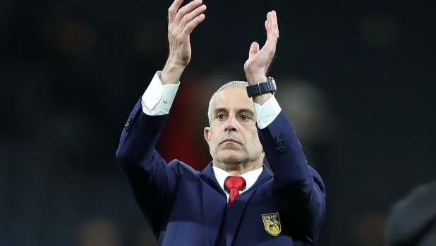 STOCKHOLM, SWEDEN - MARCH 25: Sylvinho, Head Coach of Albania, applauds the fans after the team's defeat during the international friendly match between Sweden and Albania at Friends Arena on March 25, 2024 in Stockholm, Sweden. (Photo by Linnea Rheborg/Getty Images)