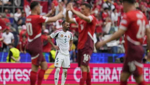 Hungary's Attila Fiola reacts at the end of a Group A match between Hungary and Switzerland at the Euro 2024 soccer tournament in Cologne, Germany, Saturday, June 15, 2024. Switzerland won 3-1. (AP Photo/Themba Hadebe)