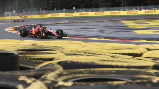 Ferrari driver Charles Leclerc of Monaco steers his car during the qualification session ahead of the Formula One Grand Prix at the Spa-Francorchamps racetrack in Spa, Belgium, Friday, July 28, 2023. The Belgian Formula One Grand Prix will take place on Sunday. (AP Photo/Geert Vanden Wijngaert)
