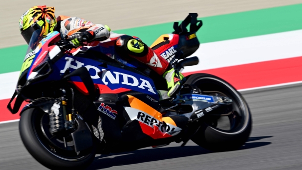 Honda Spanish rider Joan Mir rides during the second practice session ahead of the Italian MotoGP race at Mugello on June 1, 2024. (Photo by Marco BERTORELLO / AFP)